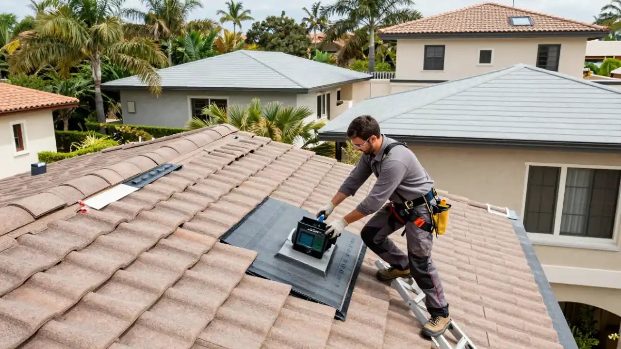 Tile Roof Repair in Delray Beach, Florida: wide shot of a technician safely descending a ladder from a multi-story home with