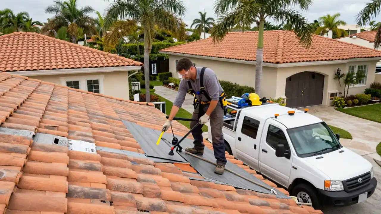 Tile Roof Repair in Delray Beach, Florida: professional-looking service vehicle, clearly equipped for tile roof repair