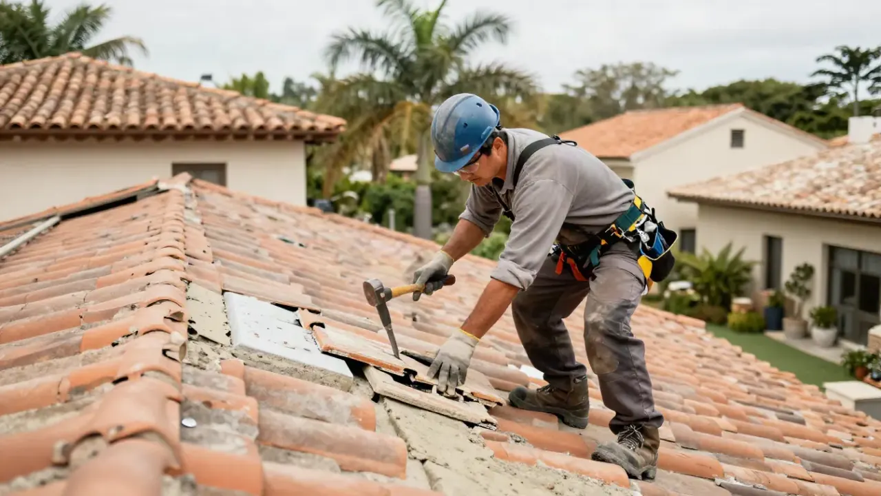 Ridge and Hip Tile Re-Securing in Delray Beach, Florida: tile roof repair technician carefully removing old, deteriorated