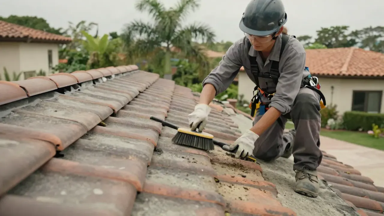 Tile Roof Cleaning in Delray Beach, Florida: close-up of a tile roof repair technician using a soft-bristle brush to